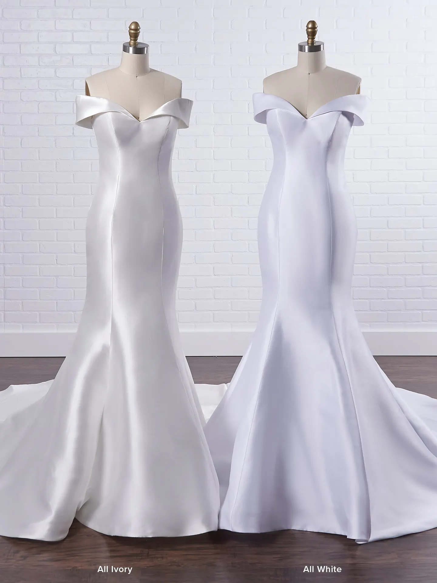 Rebecca Ingram vintage glamour off-the-shoulder fit-and-flare wedding dress with sweetheart neckline, off-the-shoulder sleeves, and covered buttons down the train.