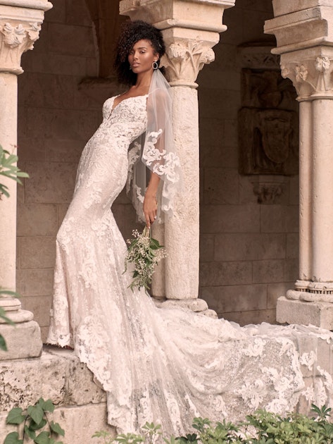 Tuscany Royale Sparkly Bridal Maggie Sottero Sheath Dress | Lace