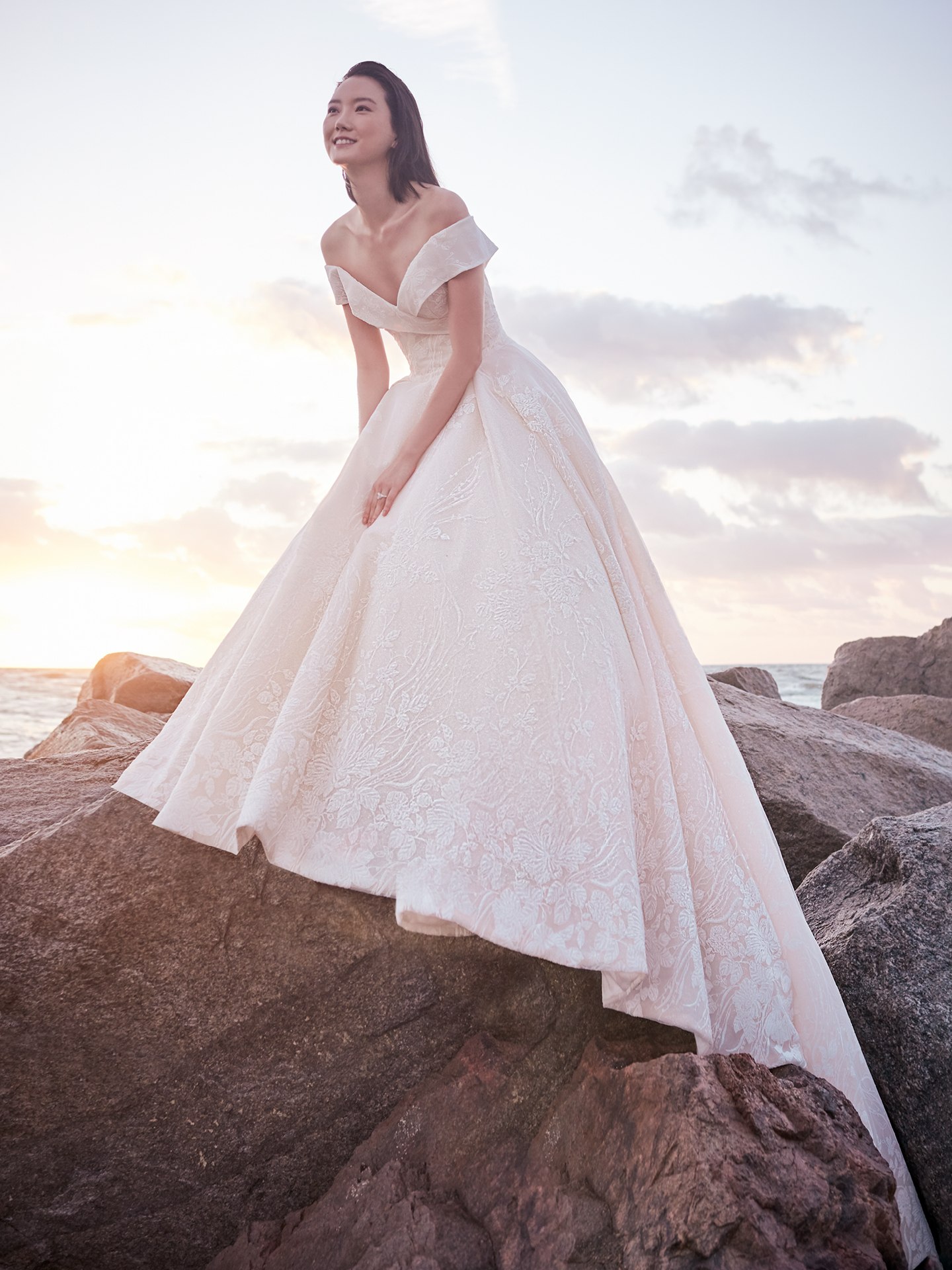 portrait neckline wedding dress