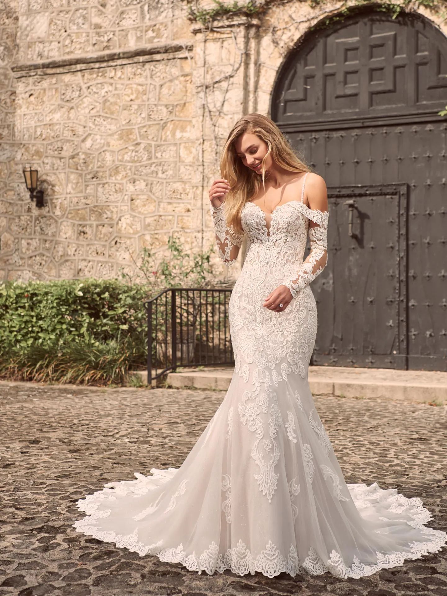 Maggie Sottero Fiona Sparkly lace fit-and-flare bridal dress with off-the-shoulder sleeves 21MS366 Alt6