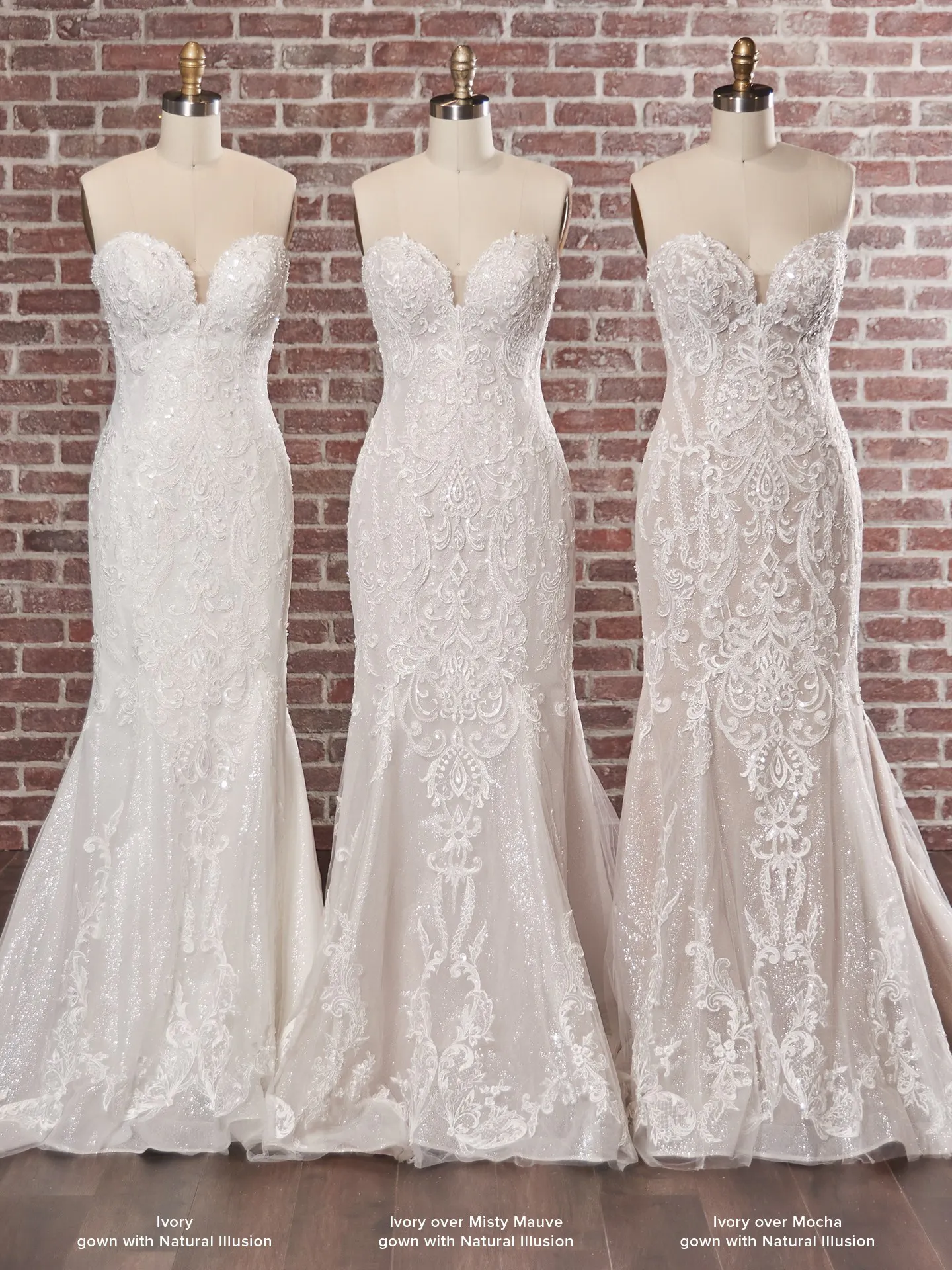 Maggie Sottero Frederique bridal gowns with lace over illusion lining, front view.