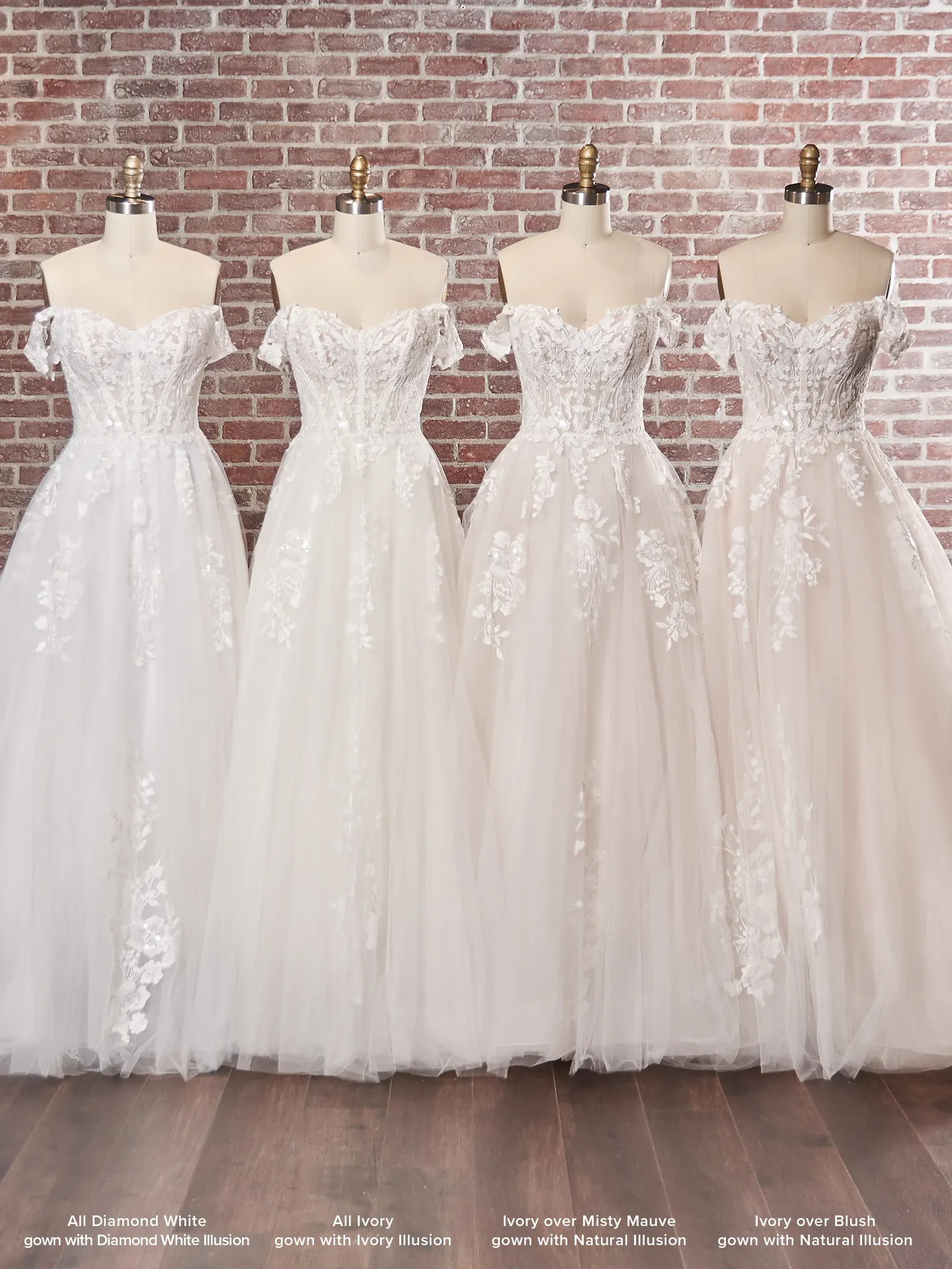 Maggie Sottero Harlem off-shoulder gowns on mannequins, various ivory shades, brick wall backdrop