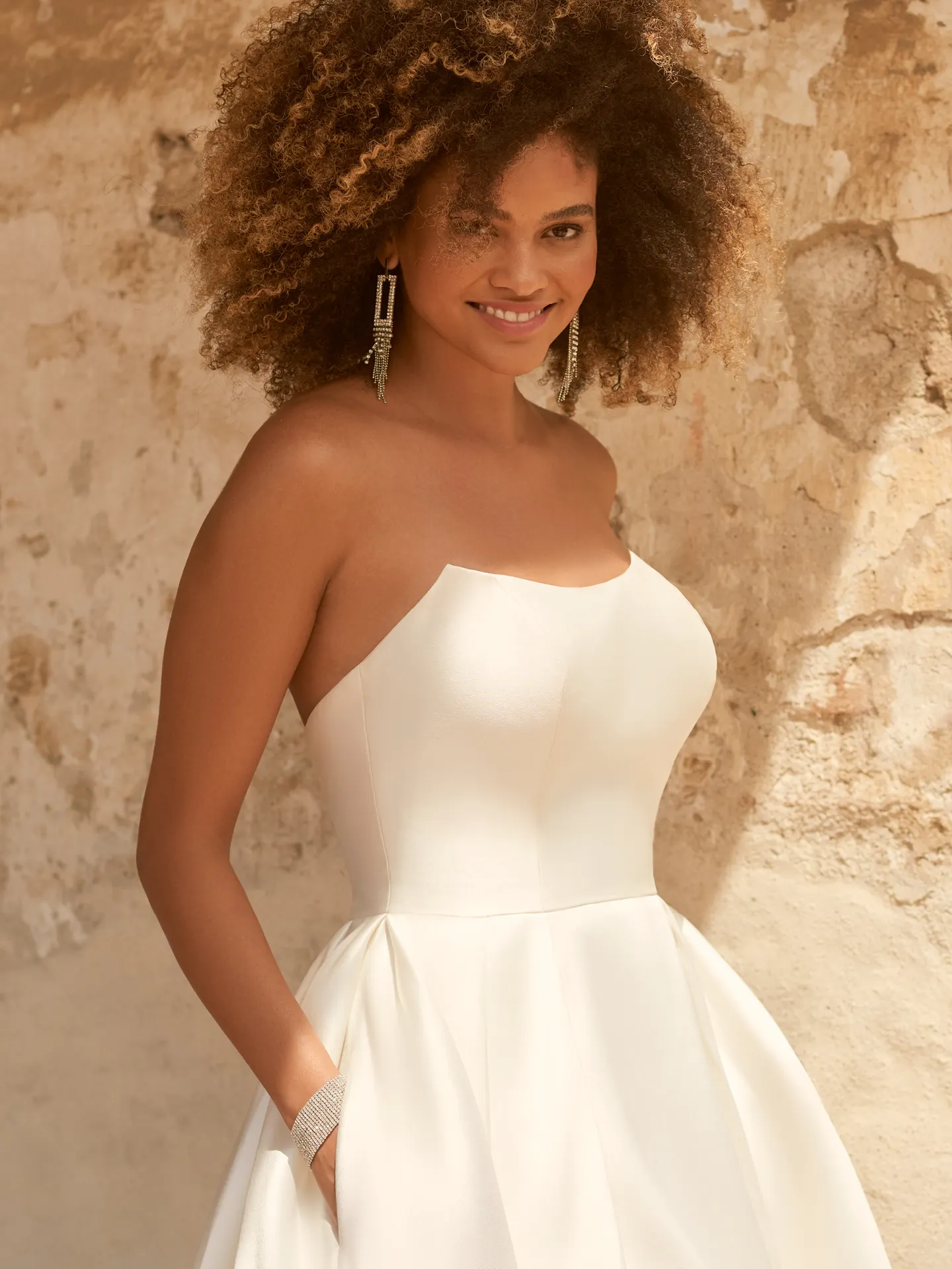 Maggie Sottero Selena satin A-line wedding dress front view with pockets