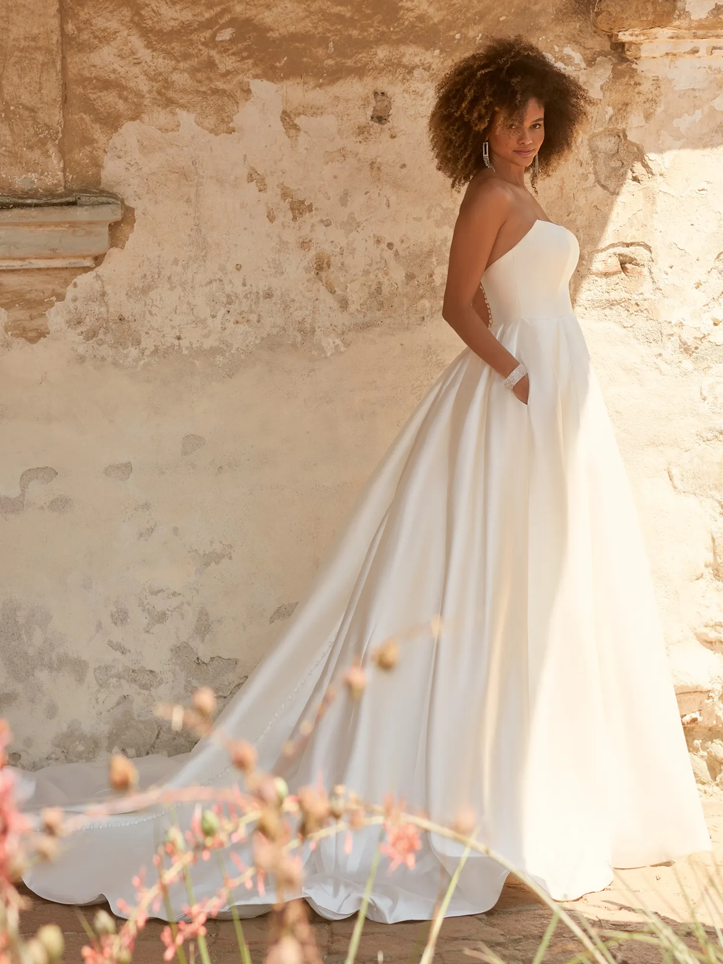 Maggie Sottero Selena A-line satin dress with pockets side view