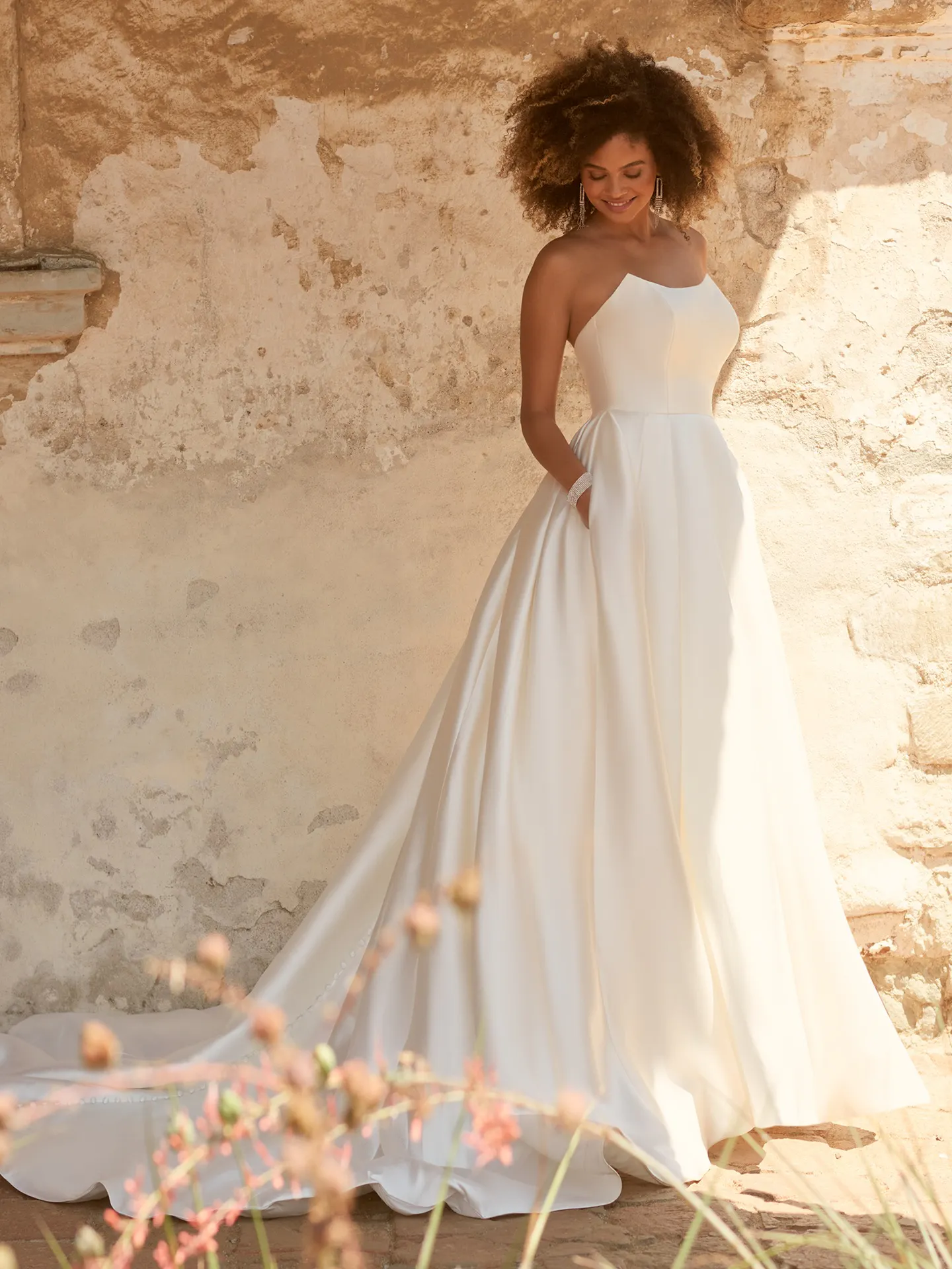 Maggie Sottero Selena satin A-line dress front view with pockets