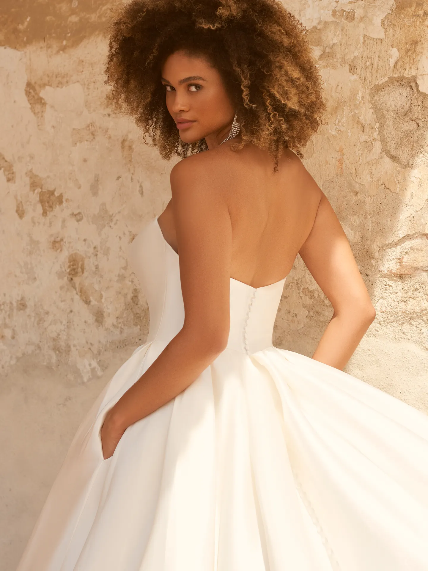 Selena satin A-line wedding dress back view with pockets Maggie Sottero