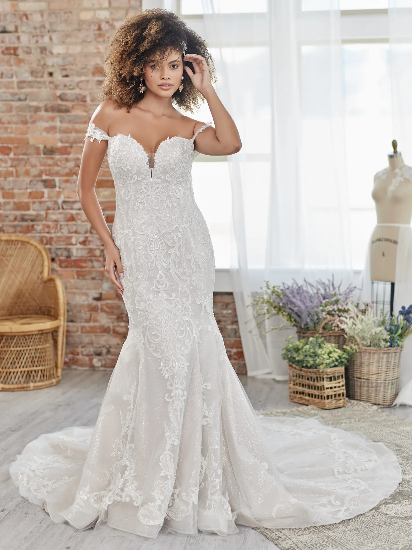 Maggie Sottero Frederique front view off-the-shoulder lace bridal dress