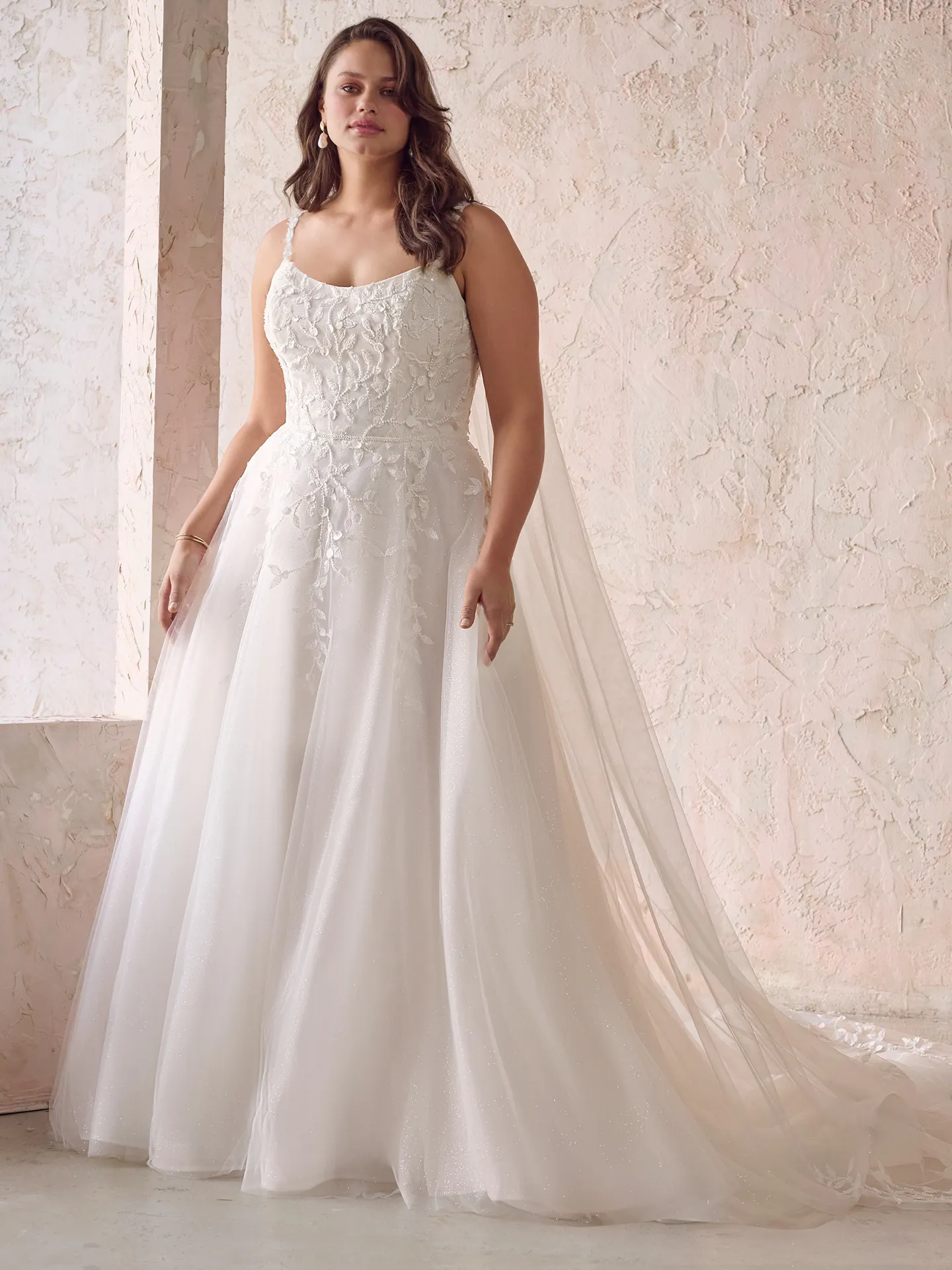 Maggie Sottero bridal dress front view with lace bodice and tulle skirt.