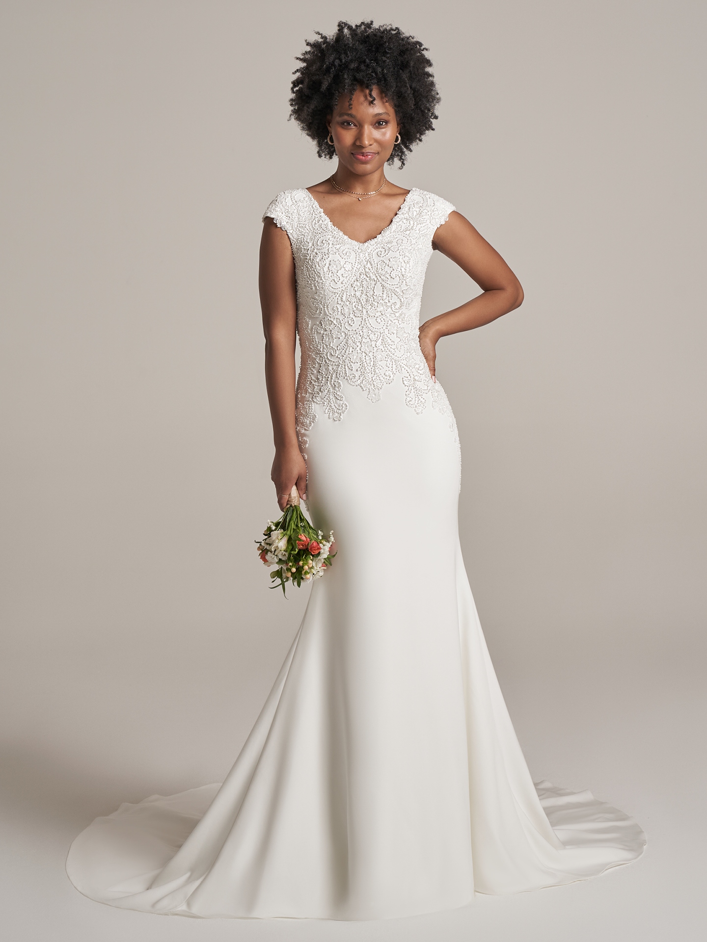 Cap sleeve fit and flare store wedding dress