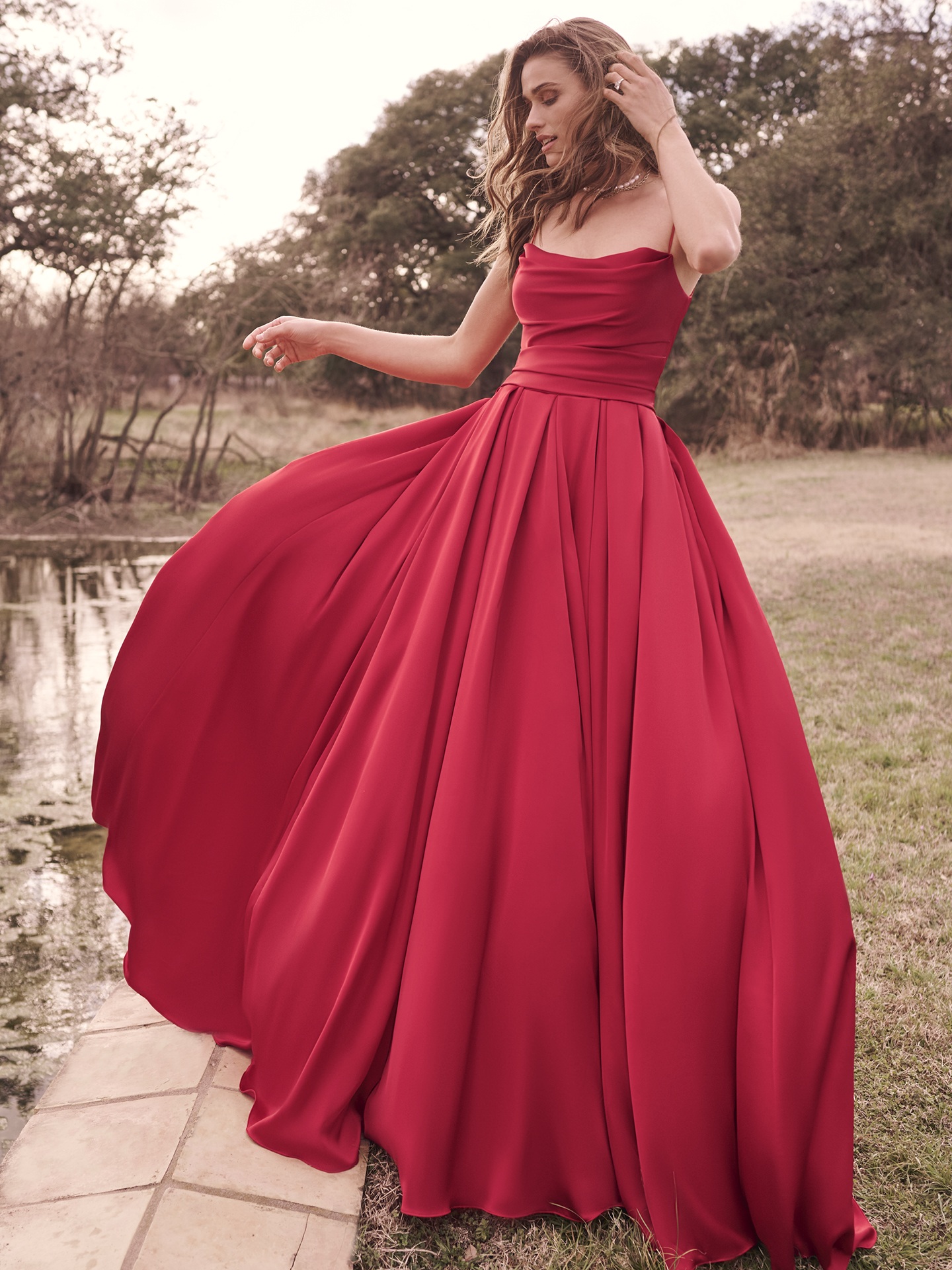 Red Taffeta Off-shoulder Ball Gown Engagement Dress - Promfy
