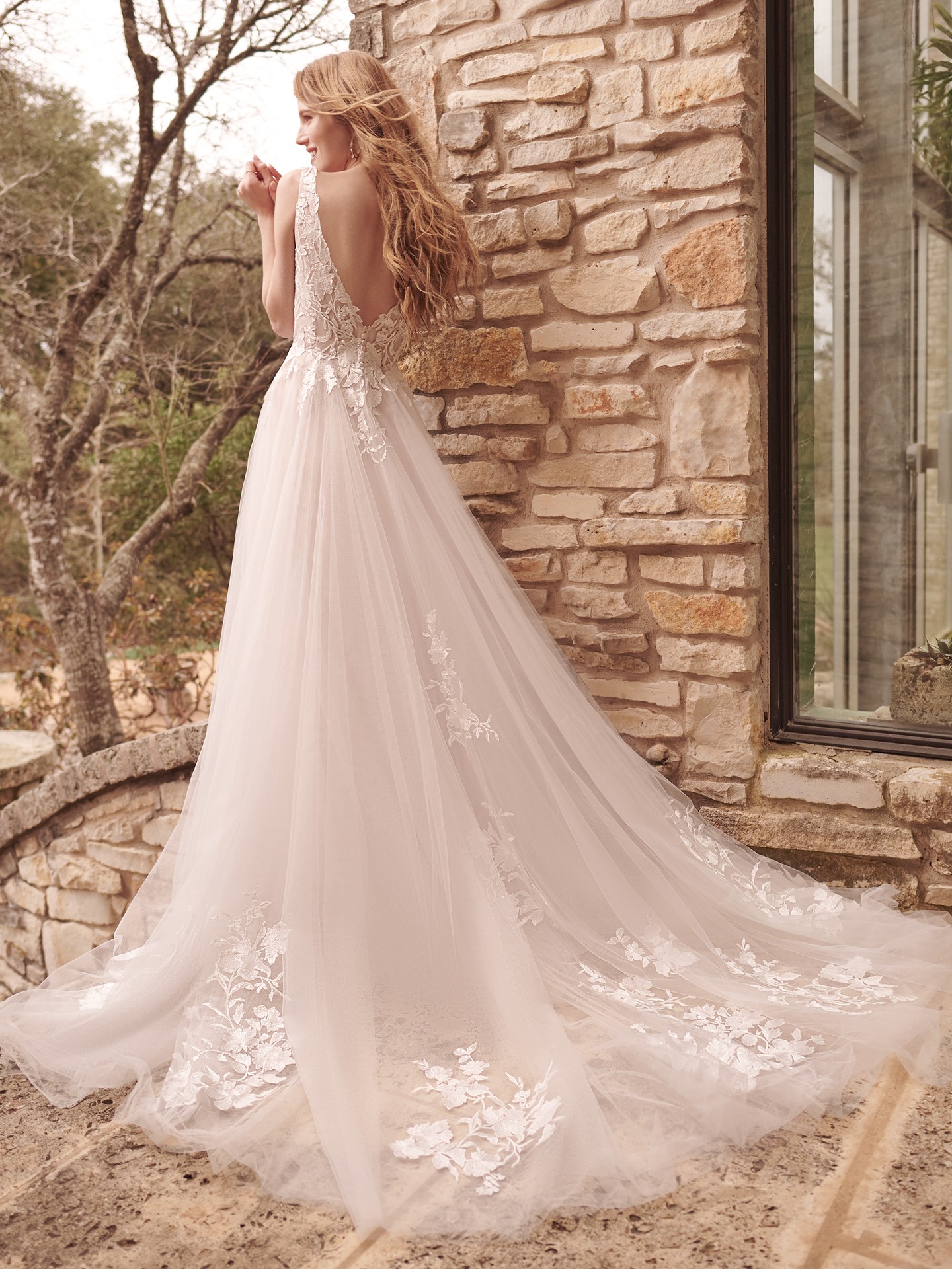 Stephanie Romantic Lace V Neck A Line Wedding Gown