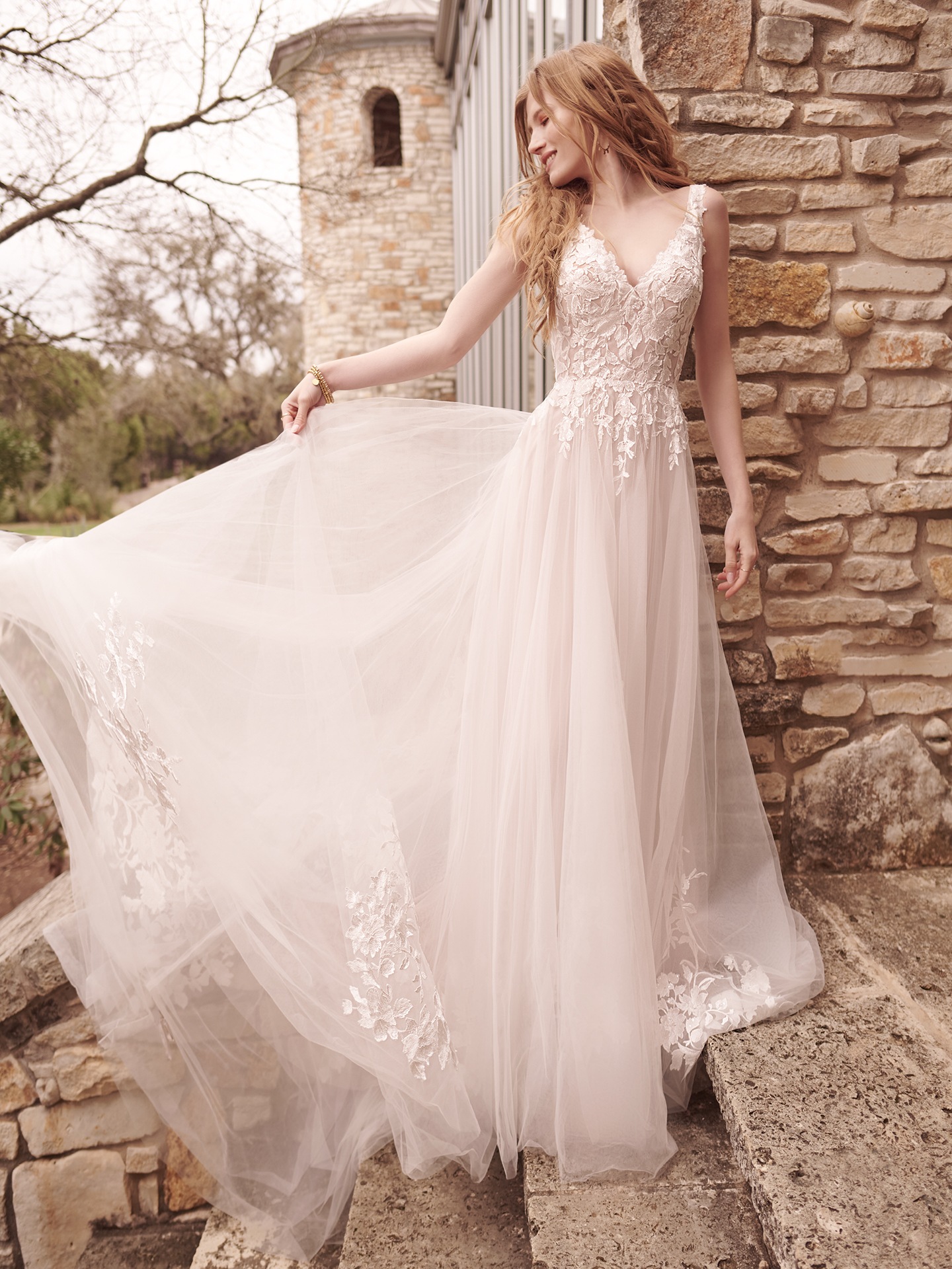 Stephanie Romantic Lace V Neck A Line Wedding Gown