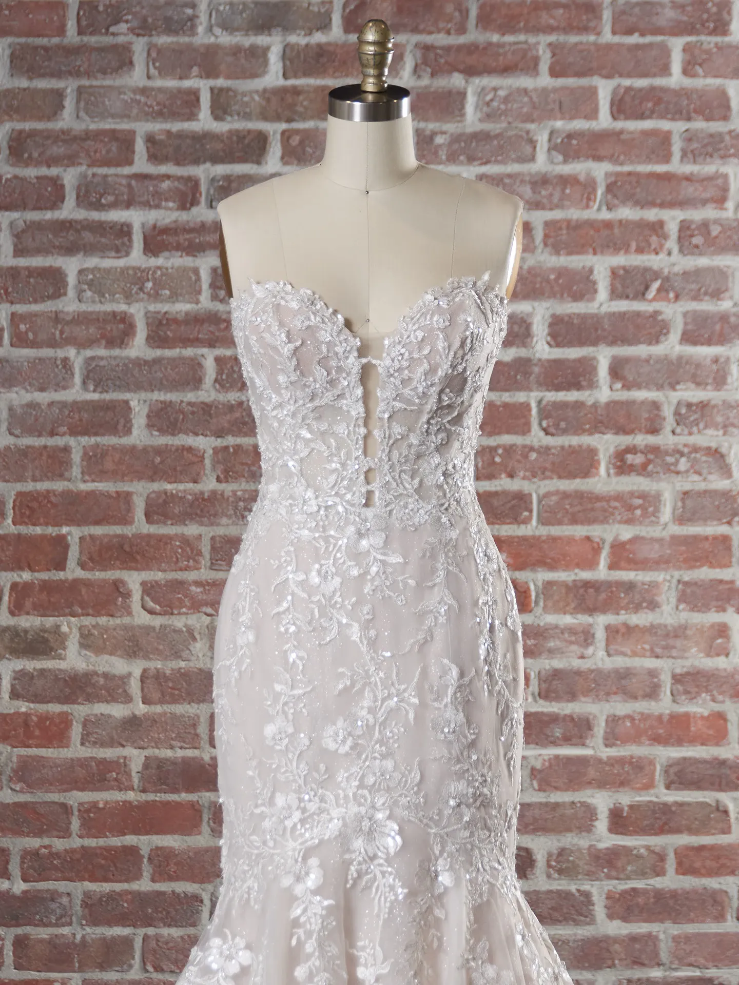 Lennon floral beaded mermaid bridal gown front view mannequin display
