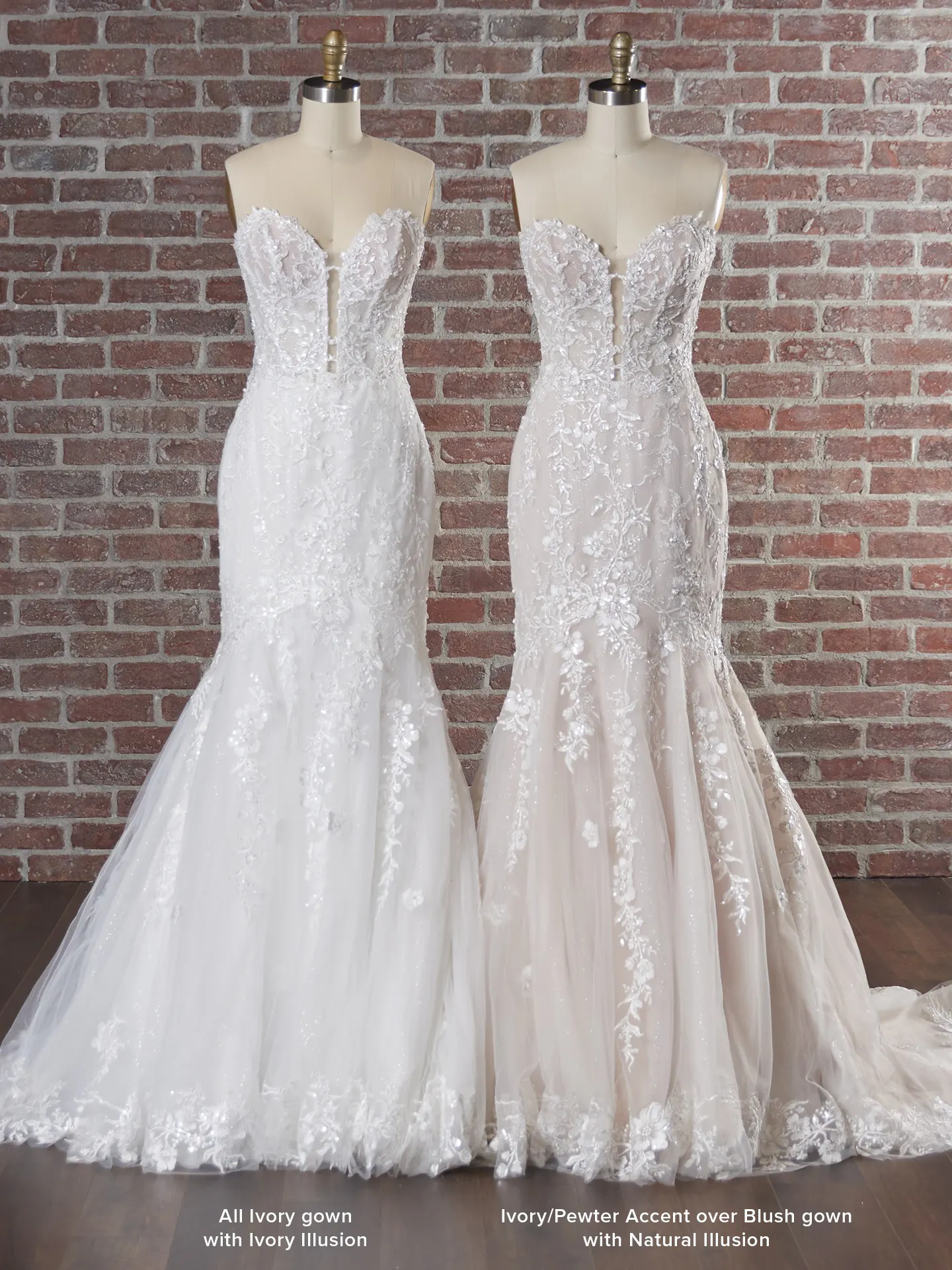 Maggie Sottero Lennon mermaid gowns, ivory and blush, front view, floral beading detail
