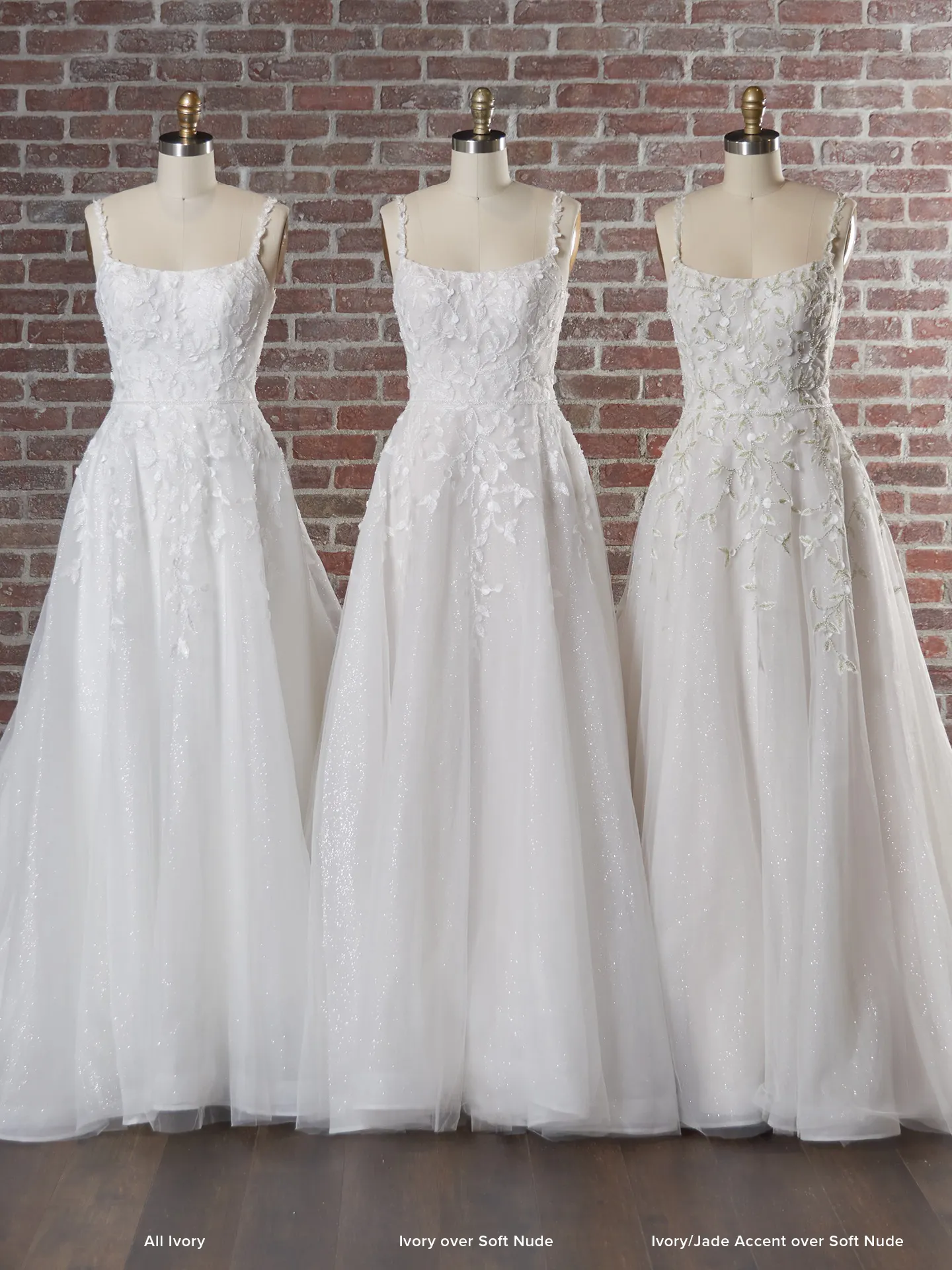 Maggie Sottero beaded bridal dress front view with three color variations displayed
