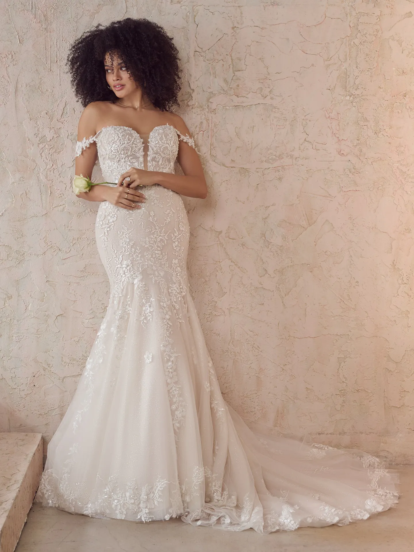 Rebecca Ingram Lennon front view gown with detachable sparkly cap sleeves.