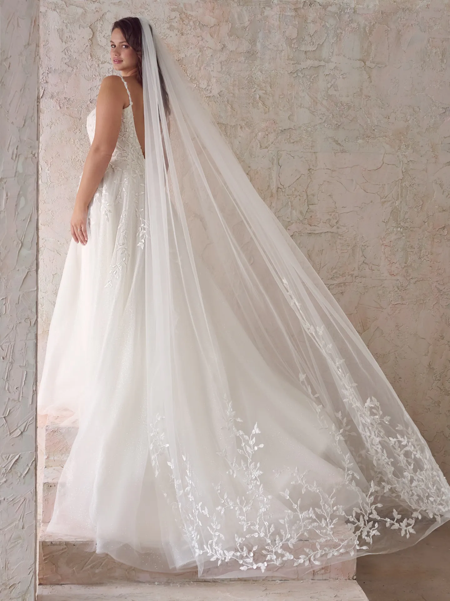 Sottero and Midgley garden-inspired cathedral-length beaded bridal veil back view