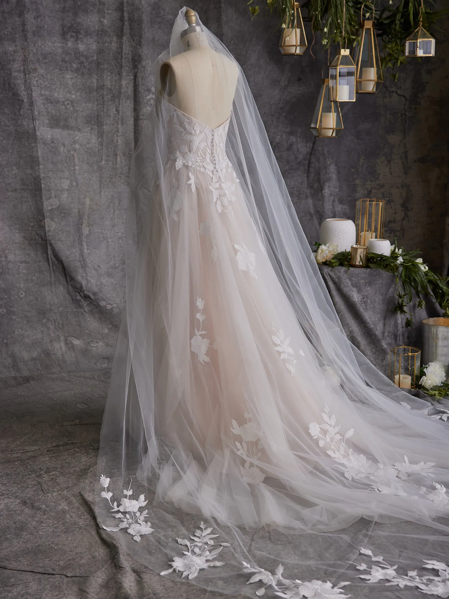 Rebecca Ingram Hattie cathedral-length bridal veil back view with floral embellishments