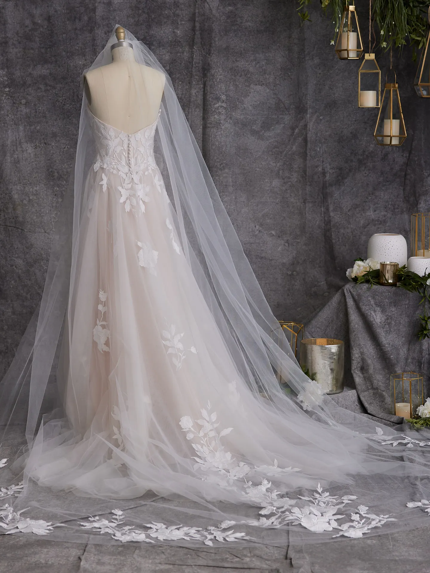 Rebecca Ingram Hattie bridal veil with cathedral-length floral detail, back view.