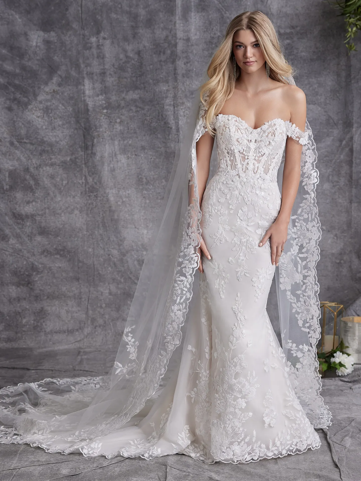Maggie Sottero wedding dress with lace veil, front view, vintage-inspired