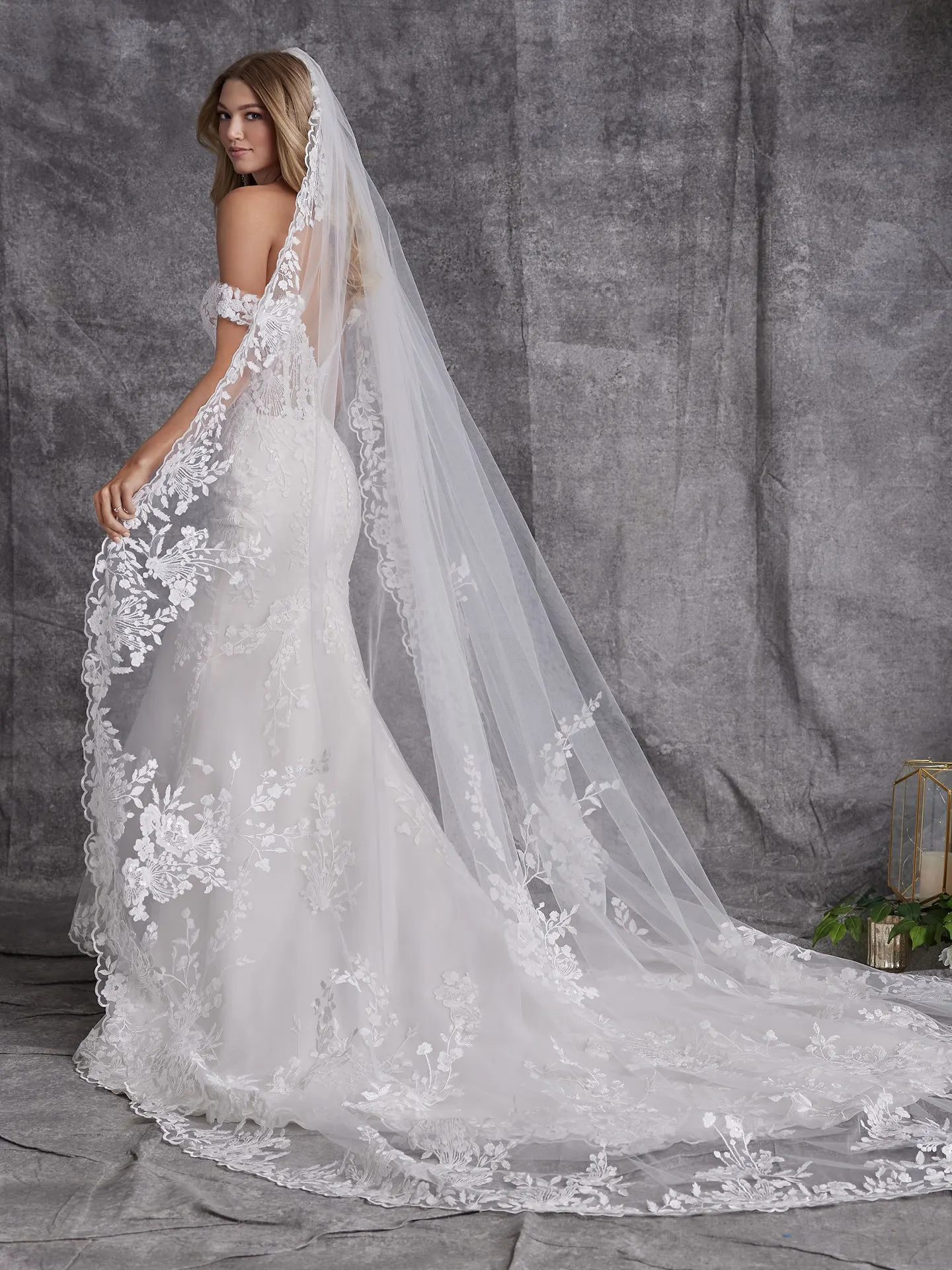 Maggie Sottero lace dress back view with Harlem vintage-inspired bridal veil