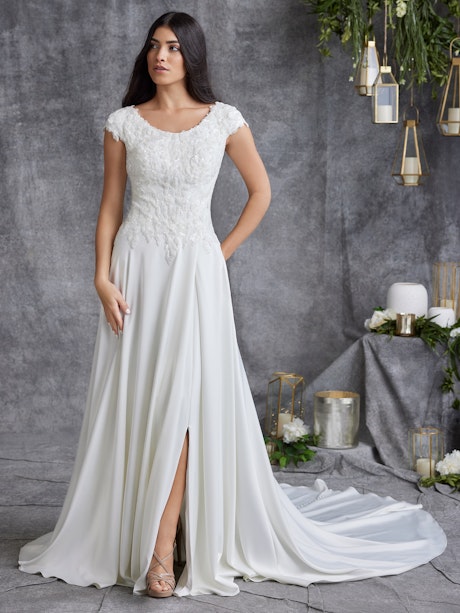 Chiffon A-line Short Sleeves Boho Wedding Dresses, Lace Wedding Gown, MW838