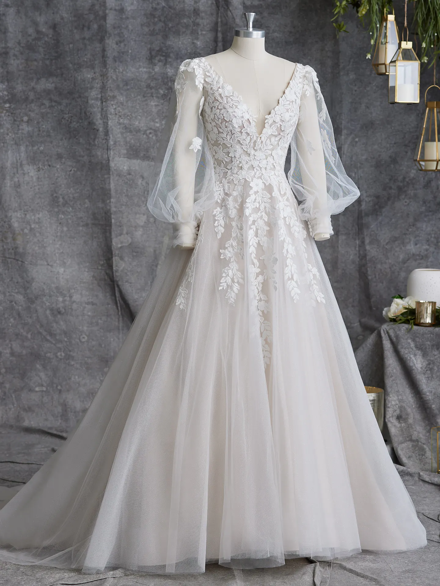 Alexandria wedding dress front view with bishop sleeves Maggie Sottero