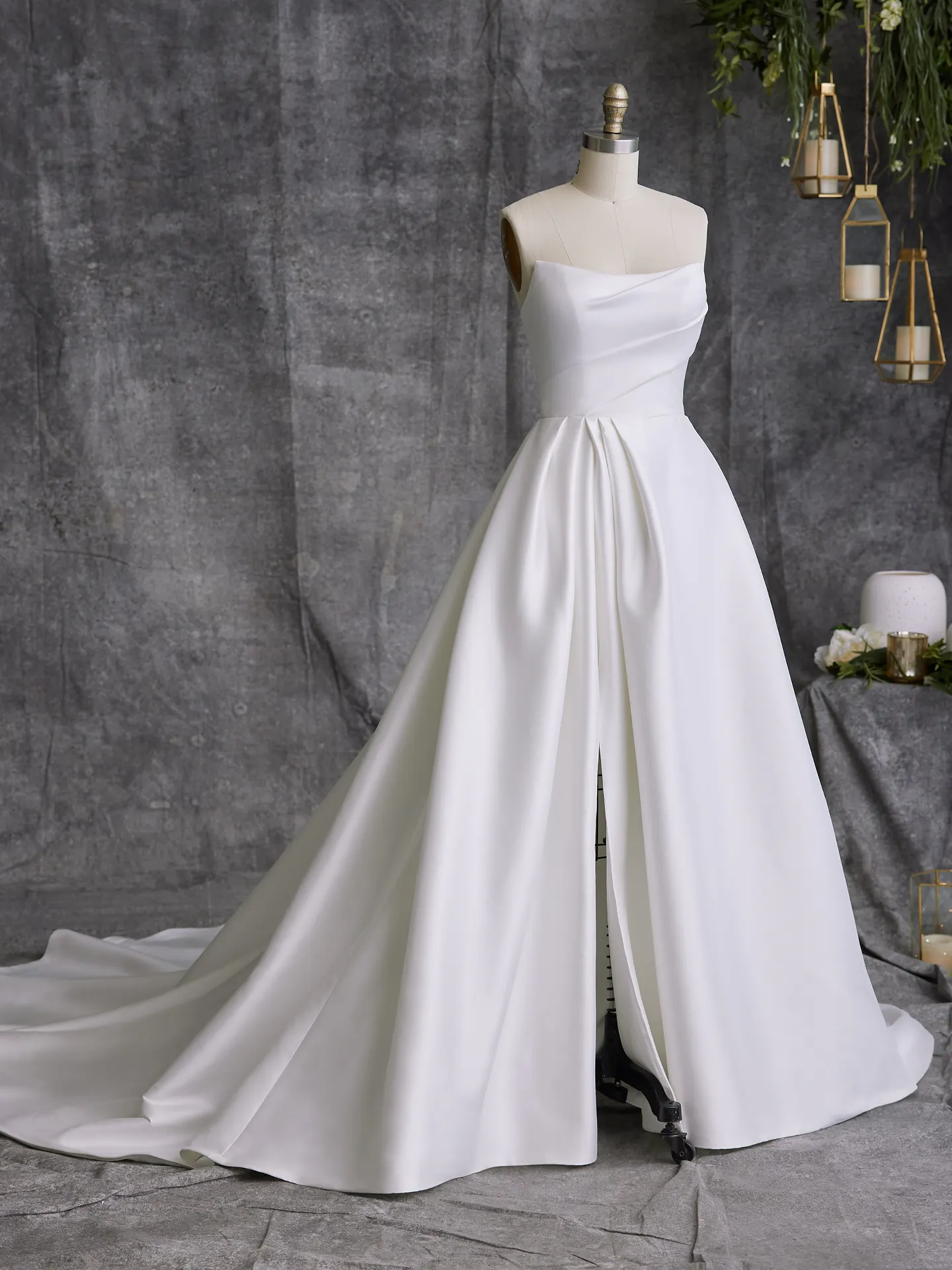 Sottero and Midgley Aspen A-line strapless wedding dress on mannequin front view