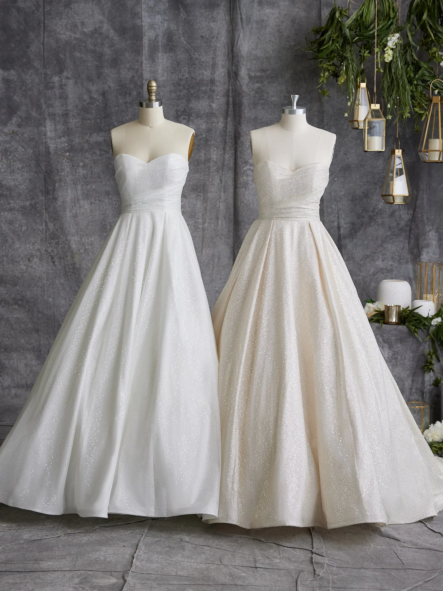 Anniston shimmery ballgown displayed on mannequins