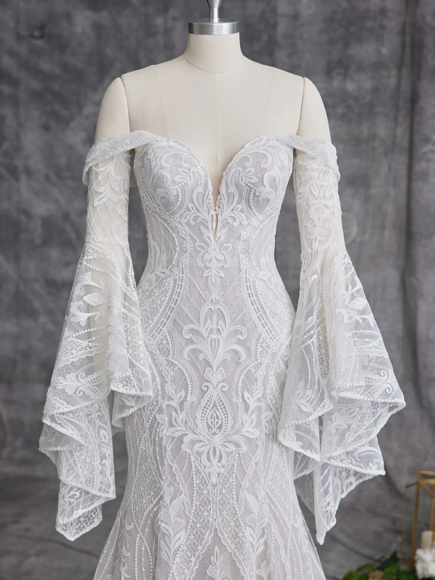 Sottero and Midgley Bronson boho lace gown with bell sleeves front view