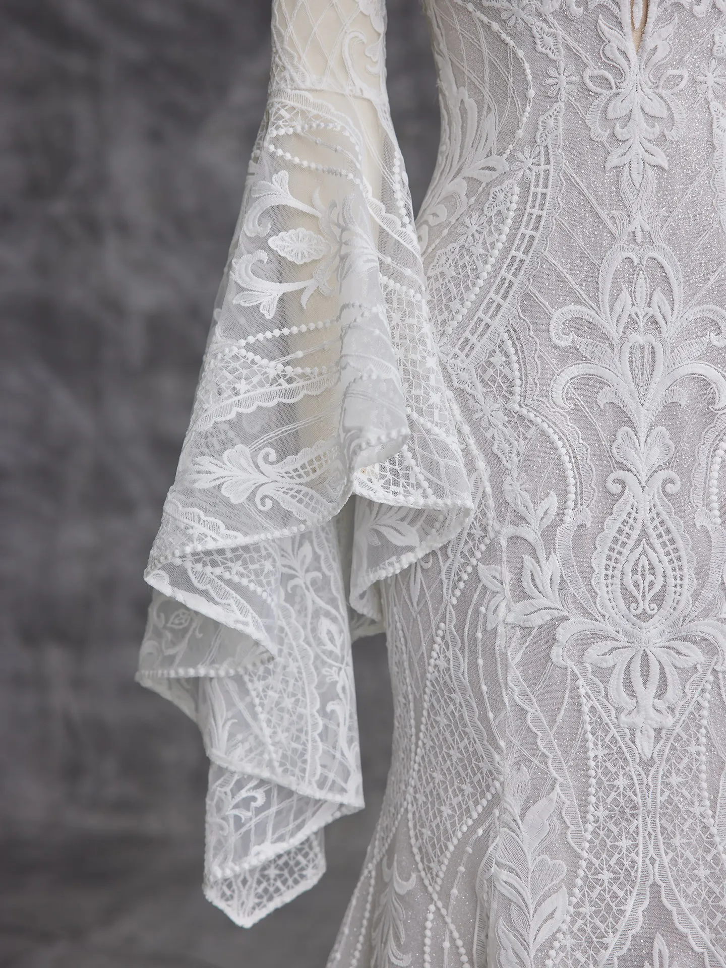 Sottero and Midgley Bronson boho lace dress with bell sleeves close-up