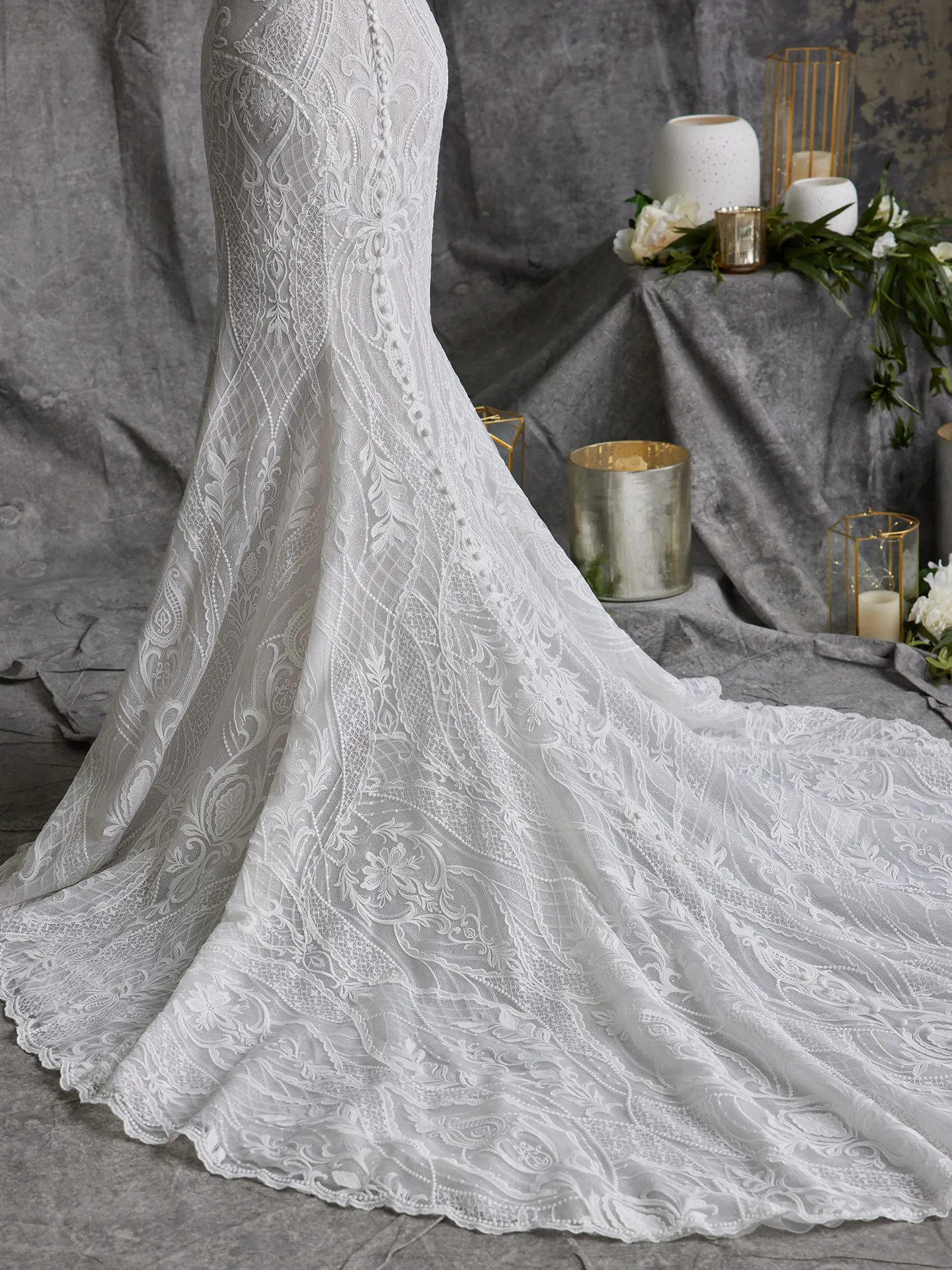 Sottero and Midgley Bronson back view lace detailing fit-and-flare gown
