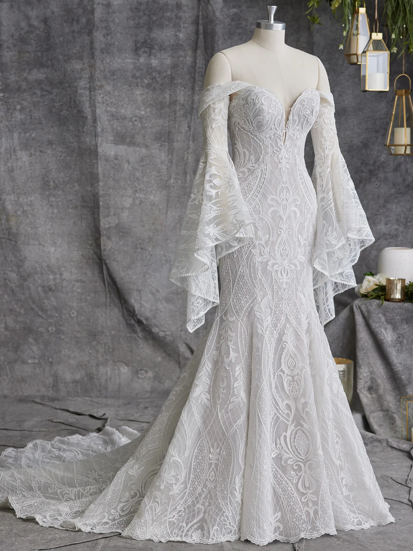 Sottero and Midgley Bronson gown front view with lace and flared sleeves.