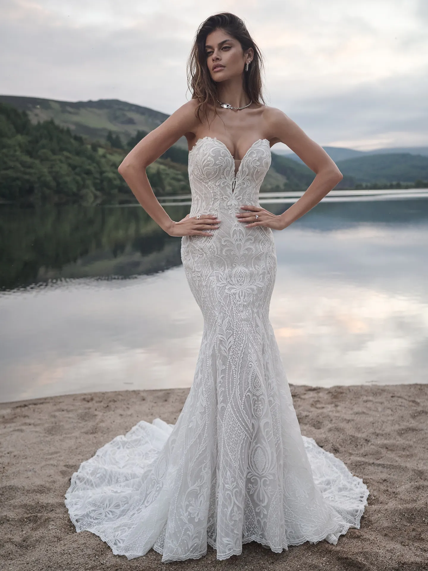 Bronson boho fit-and-flare dress front view by lake.