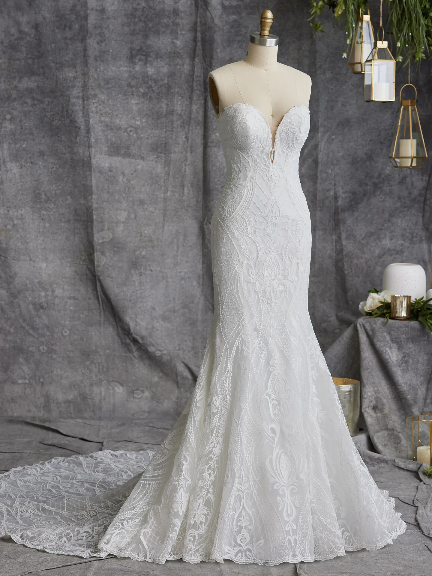 Sottero and Midgley Bronson fit-and-flare gown on mannequin in studio setting