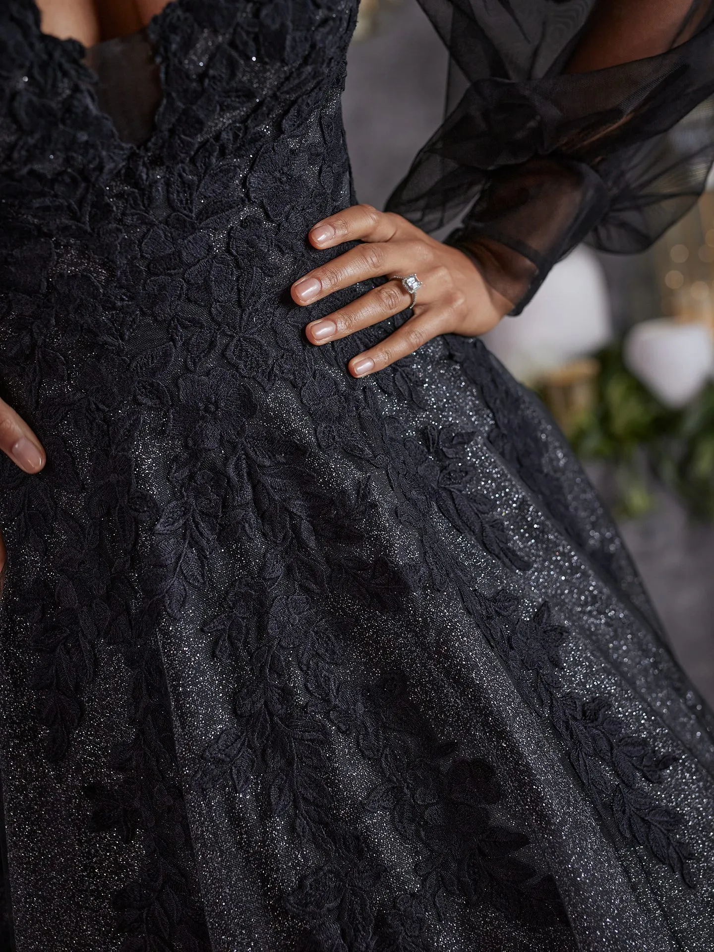 Maggie Sottero Alexandria black lace dress detail with bishop sleeves