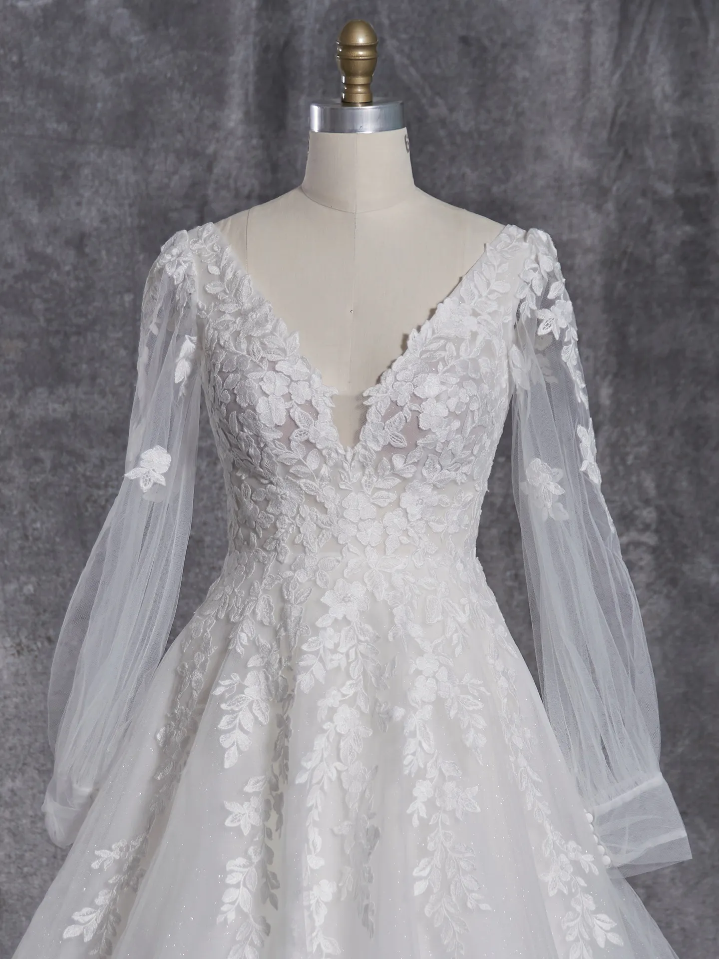 Alexandria front view, floral lace, sheer bishop sleeves, Maggie Sottero.