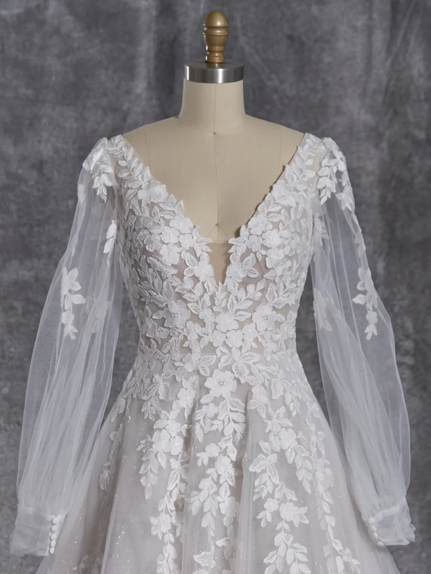 Alexandria dress front view with floral lace, bishop sleeves, Maggie Sottero.
