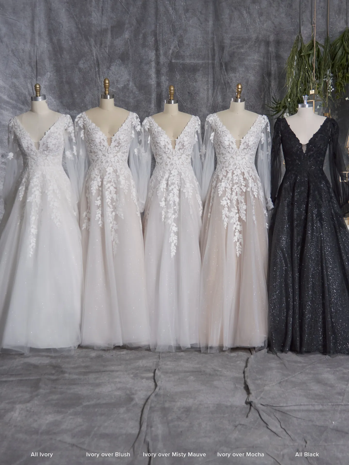 Maggie Sottero Alexandria dresses on mannequins with various colors and bishop sleeves.