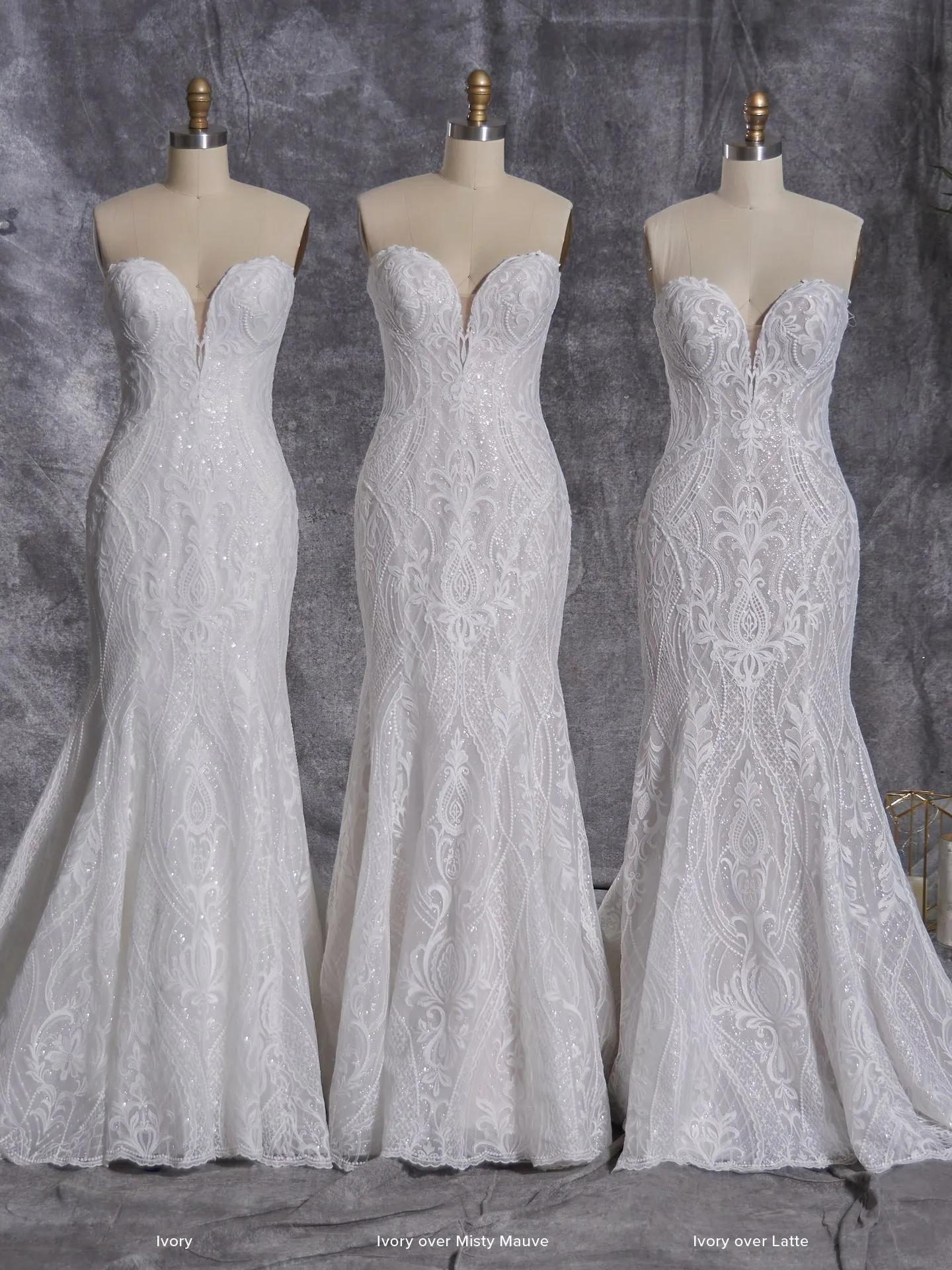 Sottero and Midgley Bronson gowns on mannequins in ivory shades, fit-and-flare style.