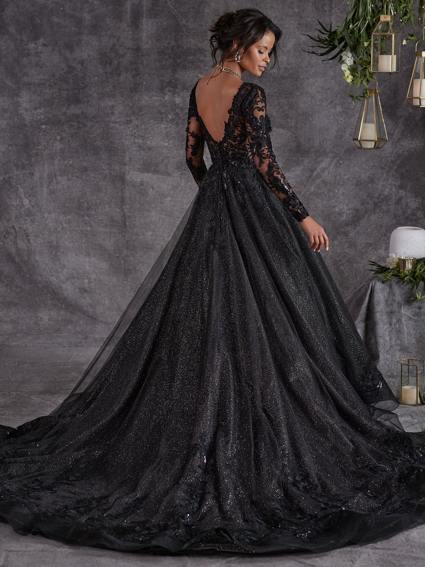 OSTTY - Ostty Black One Shoulder V Neck Long Train Wedding Dress OS003  $699.99