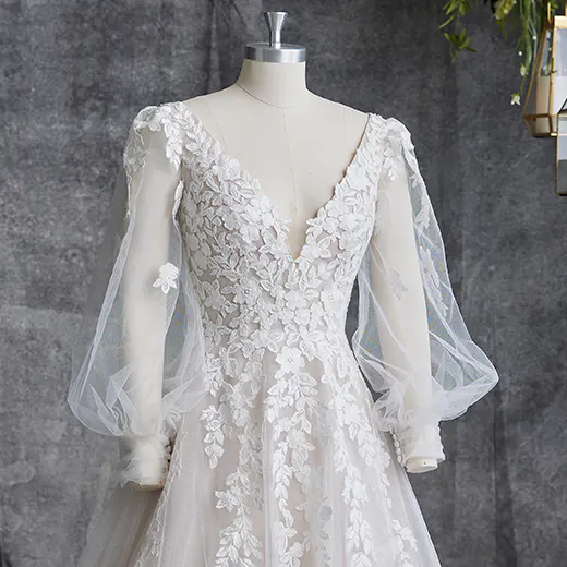 Maggie Sottero Alexandria front view with bishop sleeves and floral lace detailing