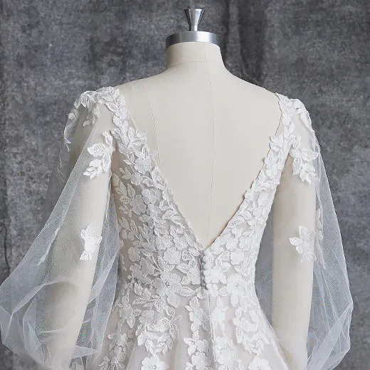 Maggie Sottero Alexandria back view with floral lace and bishop sleeves