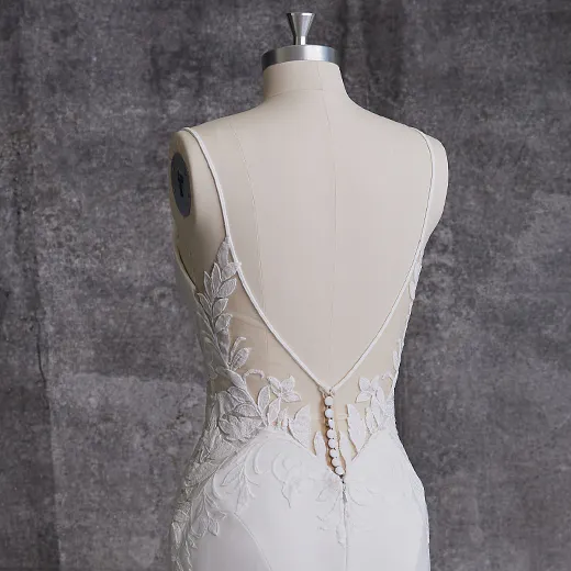 Rebecca Ingram Dionne back view V-neck crepe dress with floral lace design.