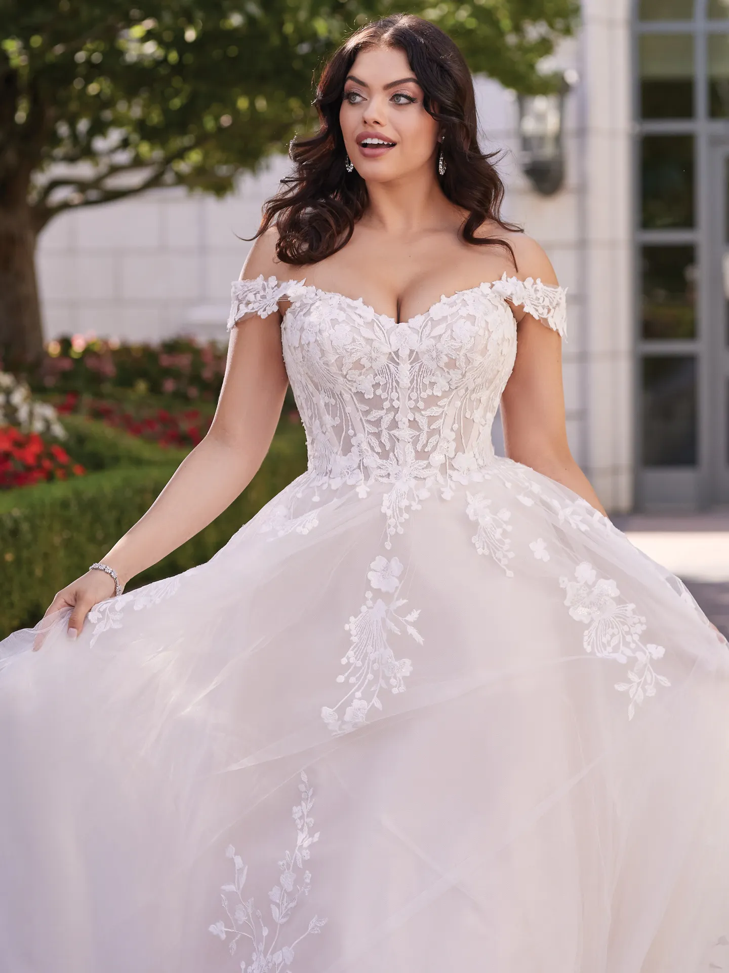 Maggie Sottero Harlem front view off-the-shoulder gown with floral lace