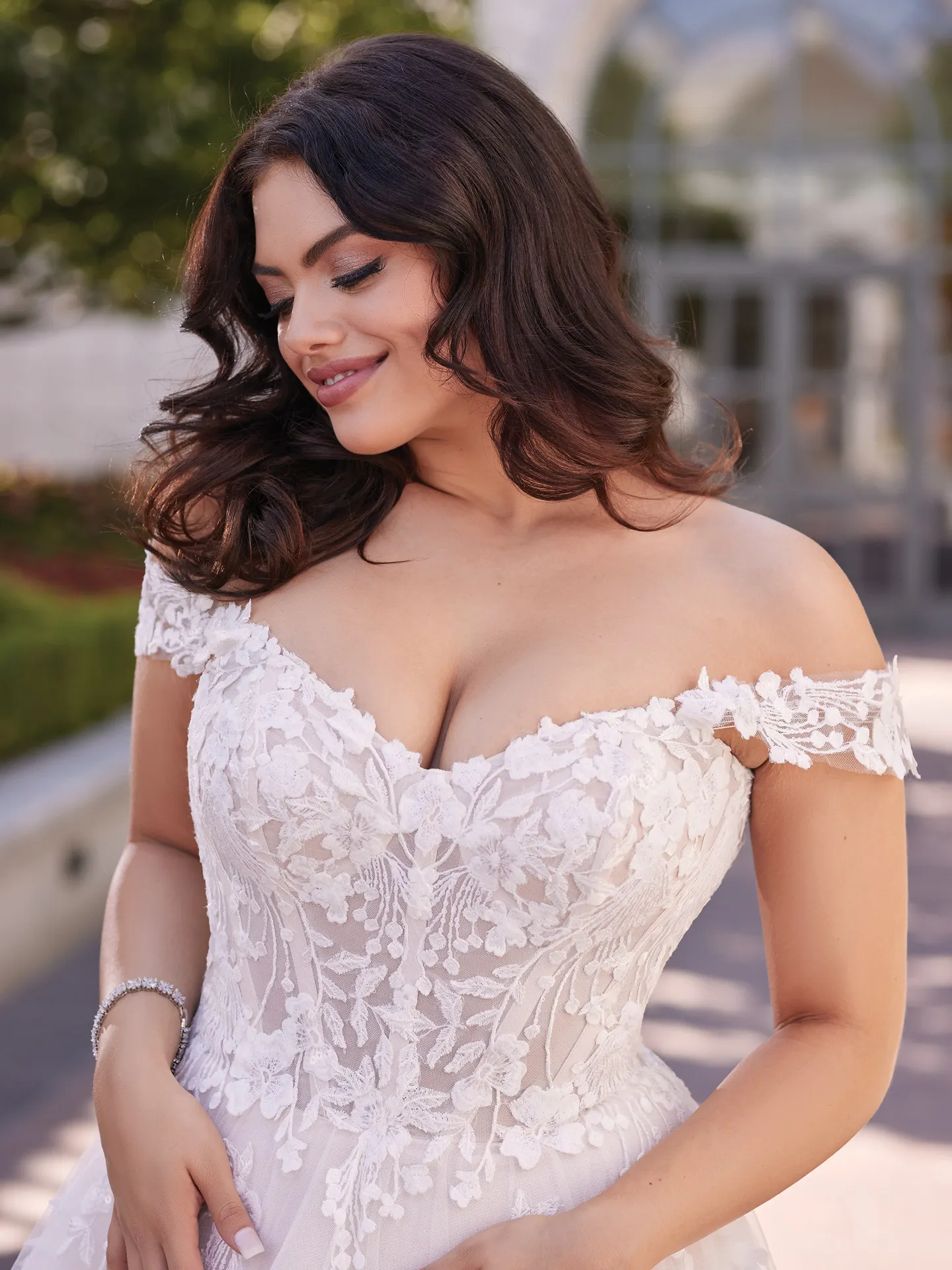 Maggie Sottero Harlem front view off-shoulder lace floral gown