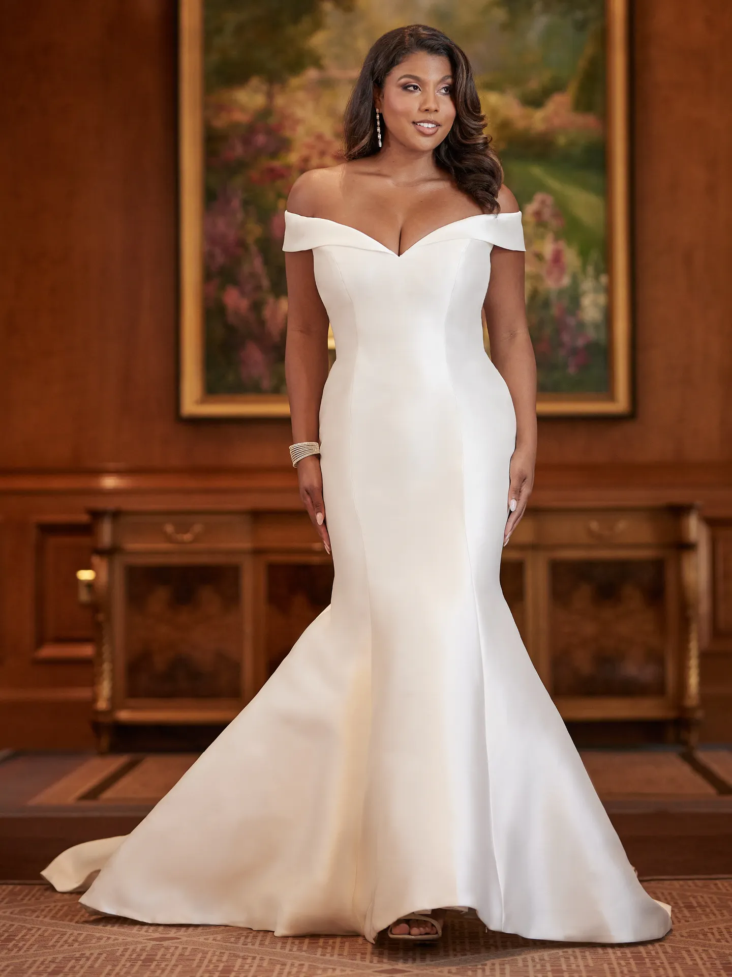 Rebecca Ingram off-shoulder fit-and-flare wedding dress front view