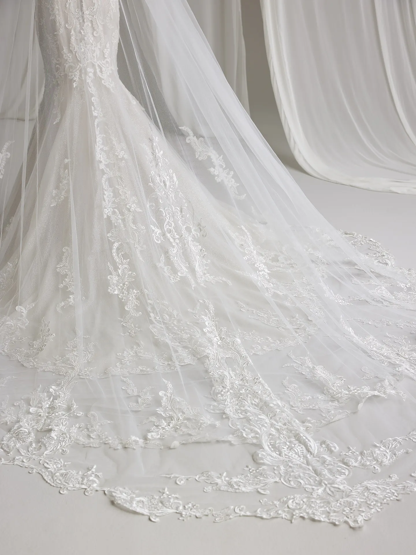 Maggie Sottero Frederique cathedral-length veil detail with lace embroidery.