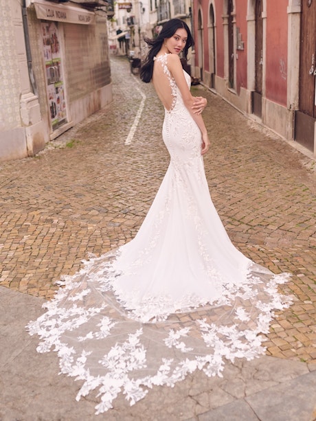 DaVinci Bridal 50631 Crepe Sheer Lace Wedding Dress V Neck Train Fit & Flare Gown 20 / Ivory