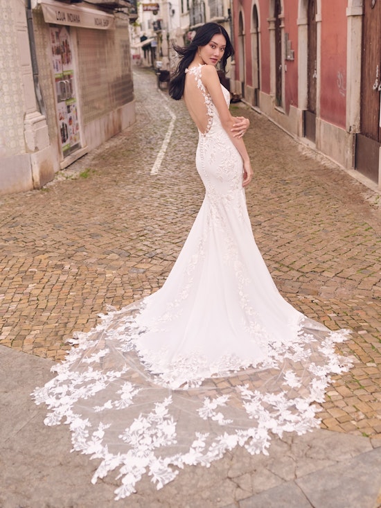 Crepe Sheath Wedding Dress With Lace Bodice.
